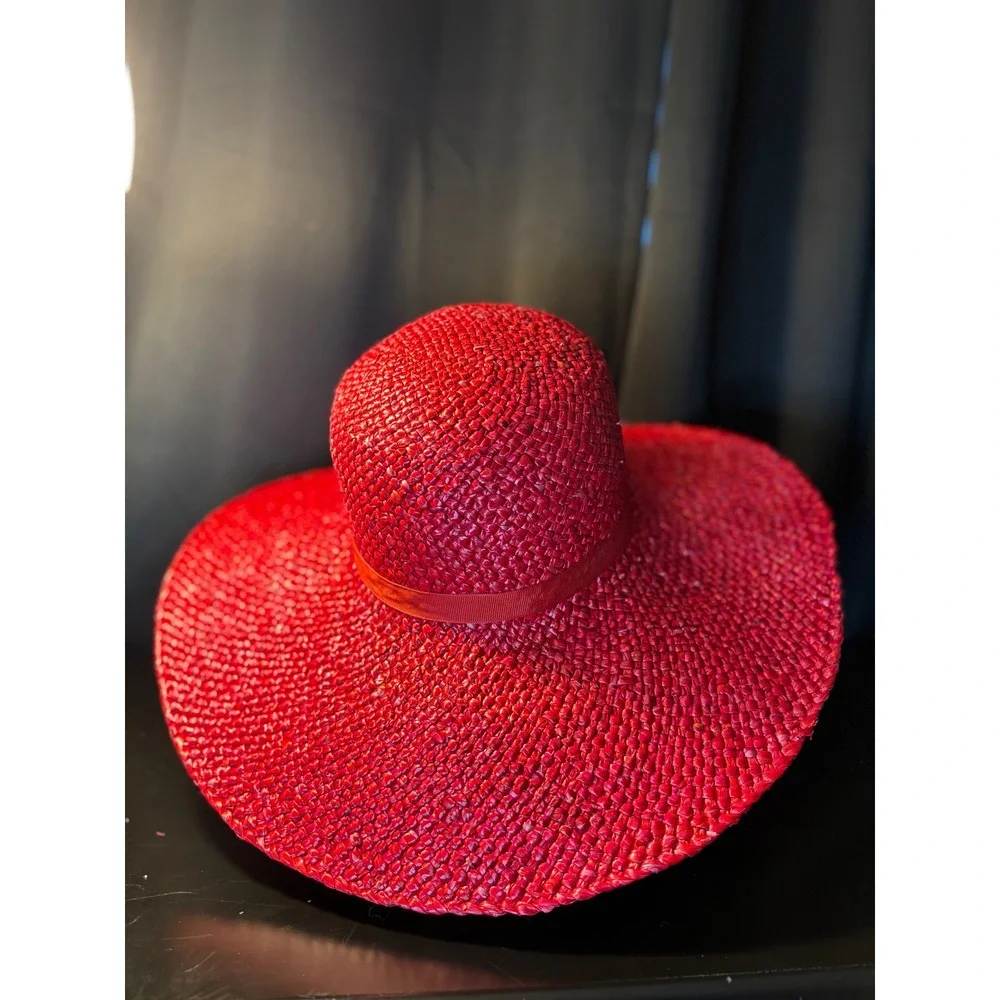 Vintage Red Woven Straw Wide Brim Sun Hat with Feather Detail Floppy Derby Hat